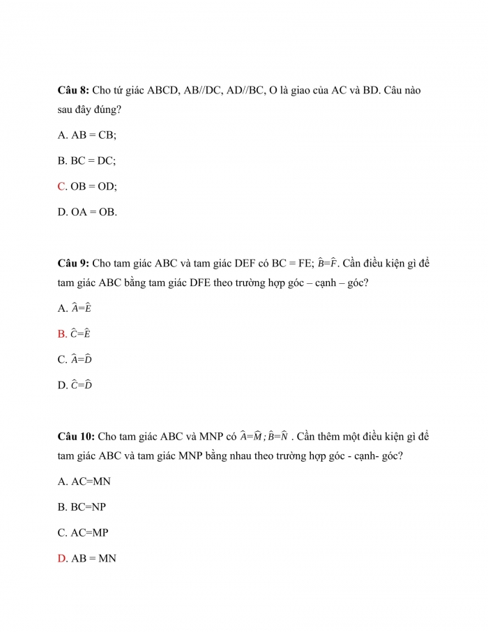 Trắc nghiệm toán 7 cánh diều Chương 7 Bài 6: Trường Hợp Bằng Nhau Thứ Ba Của Tam Giác Góc – Cạnh - Góc