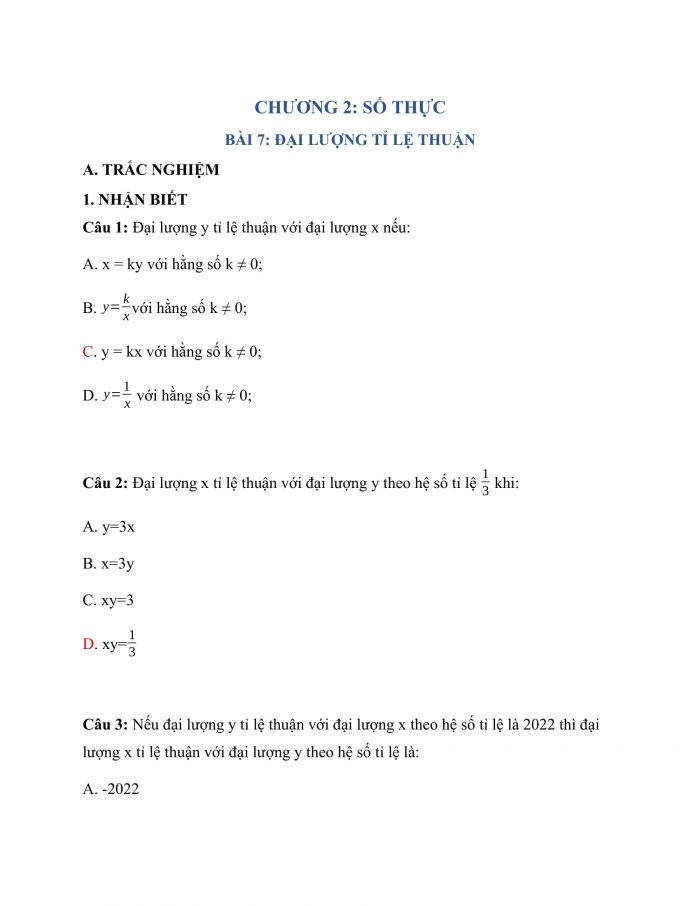 Trắc nghiệm toán 7 cánh diều Chương 2 Bài 7: đại lượng tỉ lệ thuận 