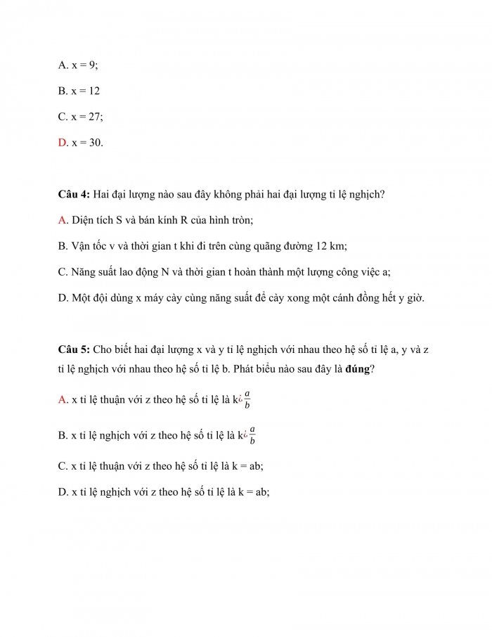 Trắc nghiệm toán 7 cánh diều Chương 2 Bài 8: đại lượng tỉ lệ nghịch