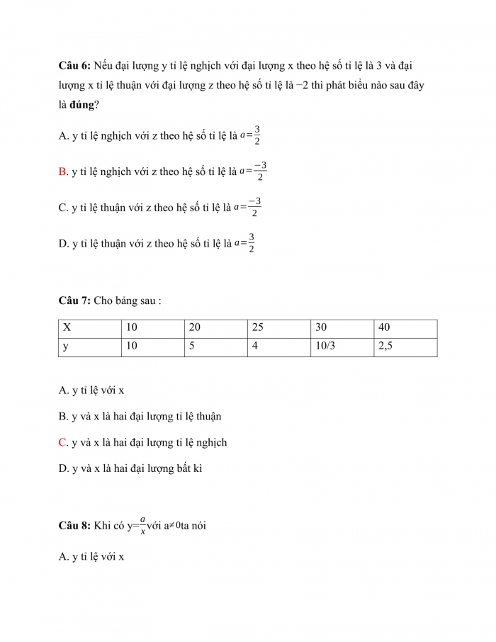 Trắc nghiệm toán 7 cánh diều Chương 2 Bài 8: đại lượng tỉ lệ nghịch