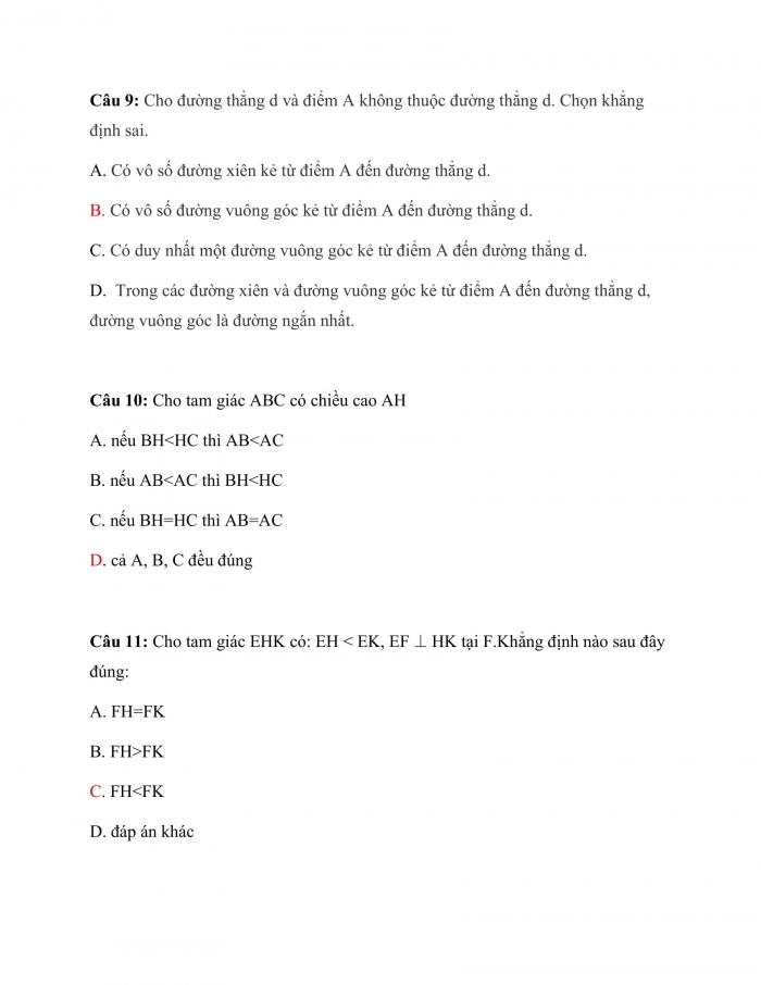 Trắc nghiệm toán 7 cánh diều Chương 7 Bài 8: Đường Vuông Góc Và Đường Xiên