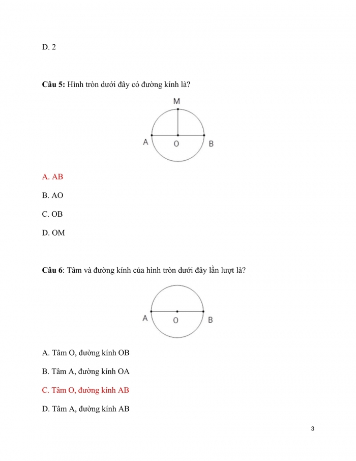 Trắc nghiệm Toán 3 Cánh diều (Tập 2) Bài 9: hình tròn. Tâm, đường kính, bán kính