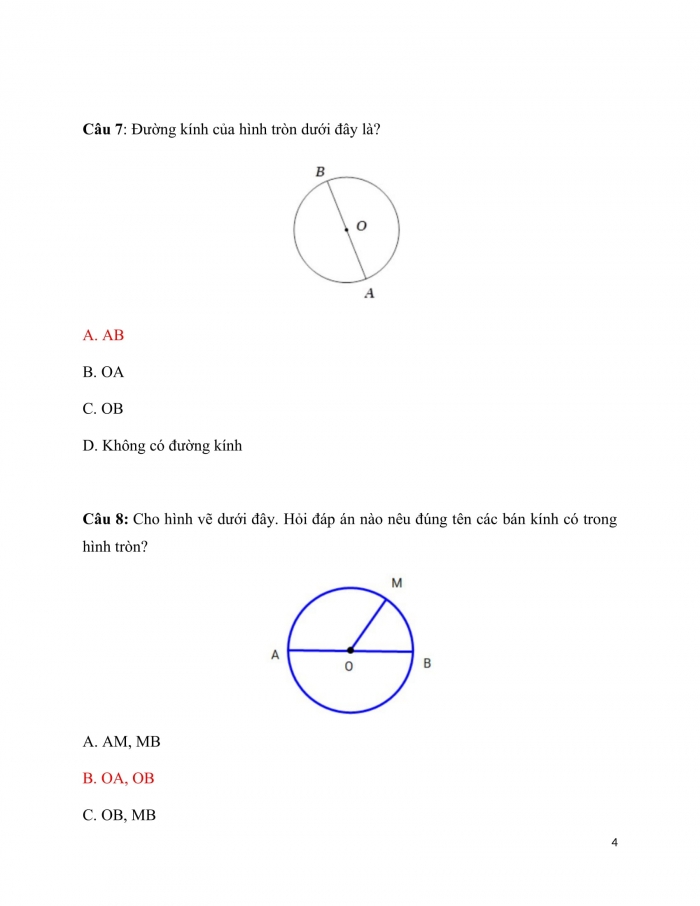 Trắc nghiệm Toán 3 Cánh diều (Tập 2) Bài 9: hình tròn. Tâm, đường kính, bán kính