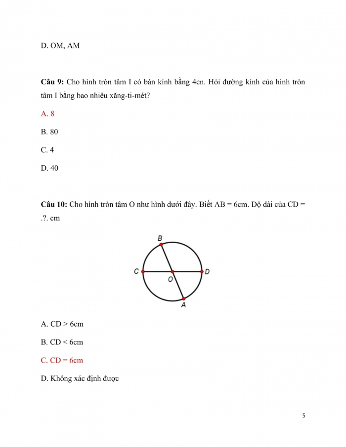 Trắc nghiệm Toán 3 Cánh diều (Tập 2) Bài 9: hình tròn. Tâm, đường kính, bán kính