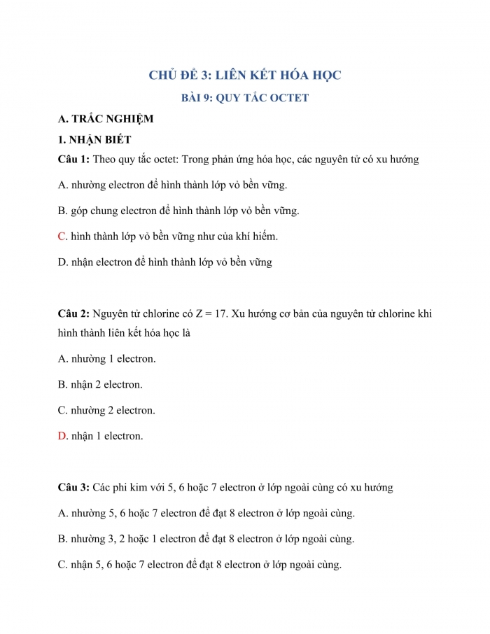 Trắc nghiệm hoá học 10 cánh diều Bài 9: quy tắc octet