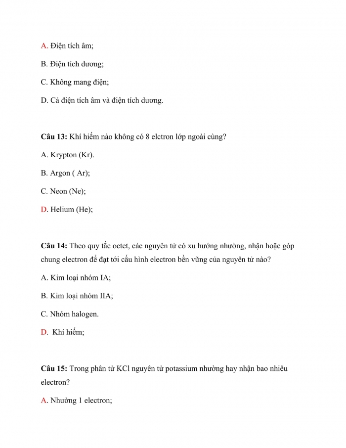Trắc nghiệm hoá học 10 cánh diều Bài 9: quy tắc octet