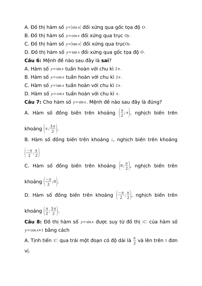 Phiếu trắc nghiệm Toán 11 kết nối Chương I: Bài tập cuối chương I