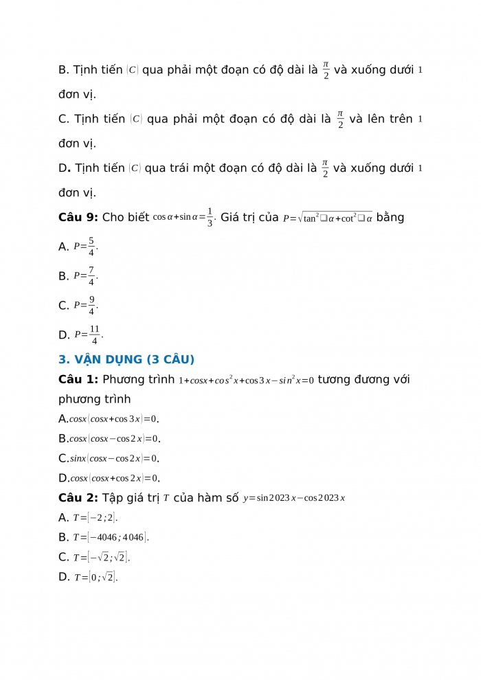 Phiếu trắc nghiệm Toán 11 kết nối Chương I: Bài tập cuối chương I