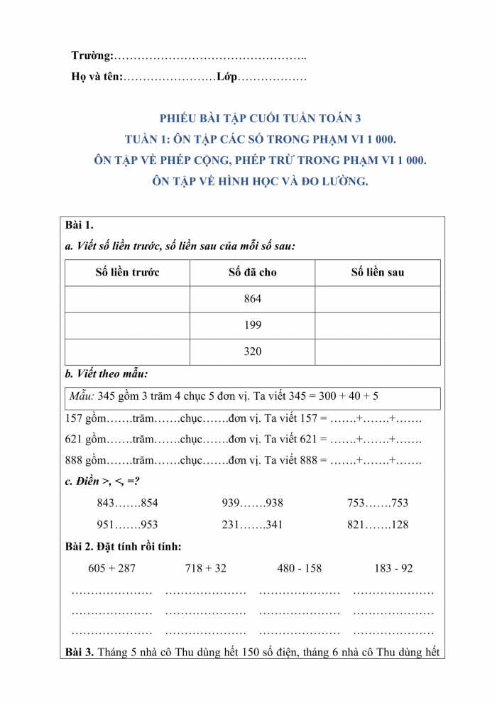 Phiếu bài tập tuần toán 3 cánh diều