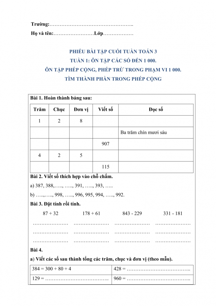 Phiếu bài tập tuần toán 3 kết nối tri thức