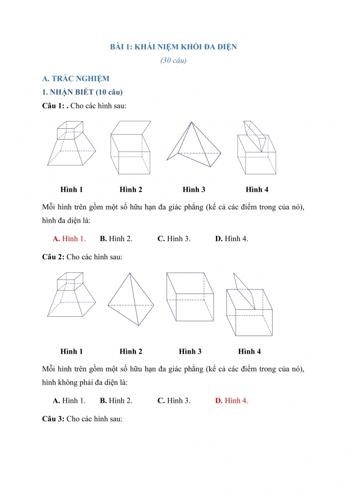 Trắc nghiệm Toán 12 Chương 1 Bài 1: Khái niệm về khối đa diện