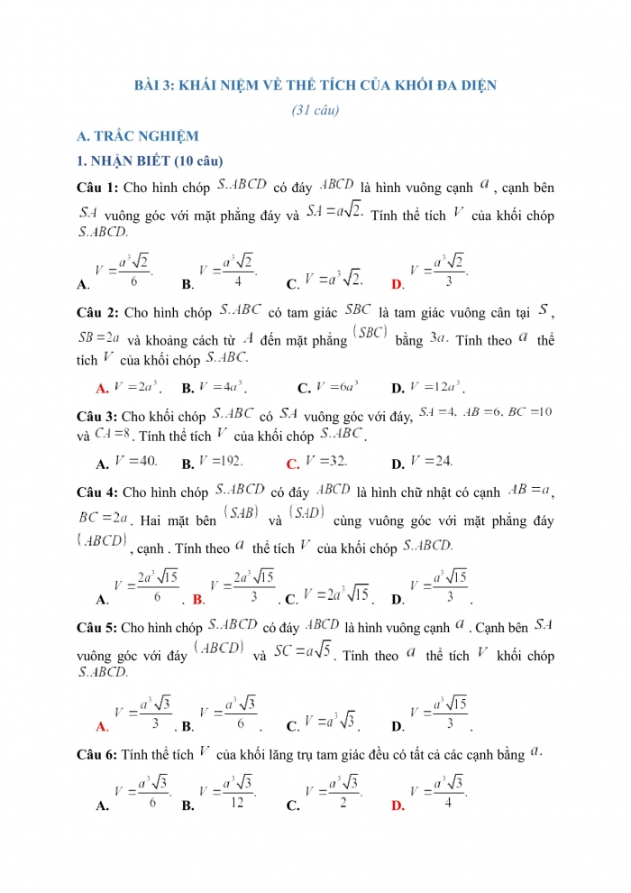 Trắc nghiệm Toán 12 Chương 1 Bài 3: Khái niệm về thể tích của khối đa diện