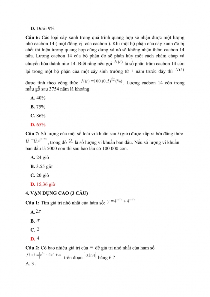 Trắc nghiệm Toán 12 Chương 2 Bài 4. Hàm số mũ, hàm số logarit