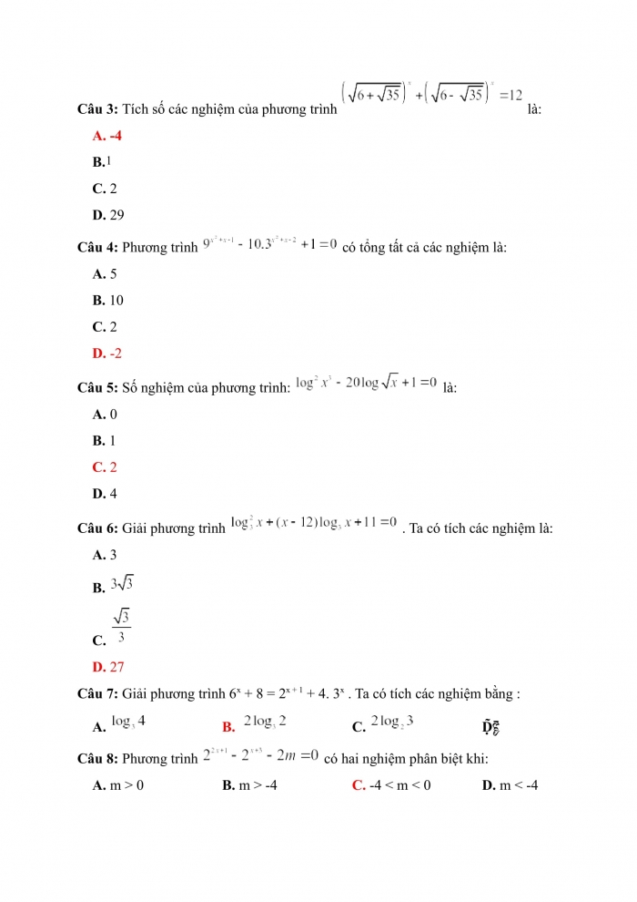 Trắc nghiệm Toán 12 Chương 2 Bài 5: Phương trình mũ và phương trình logarit
