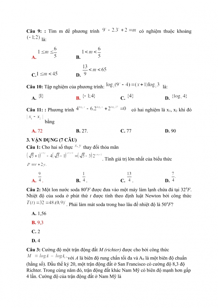 Trắc nghiệm Toán 12 Chương 2 Bài 5: Phương trình mũ và phương trình logarit