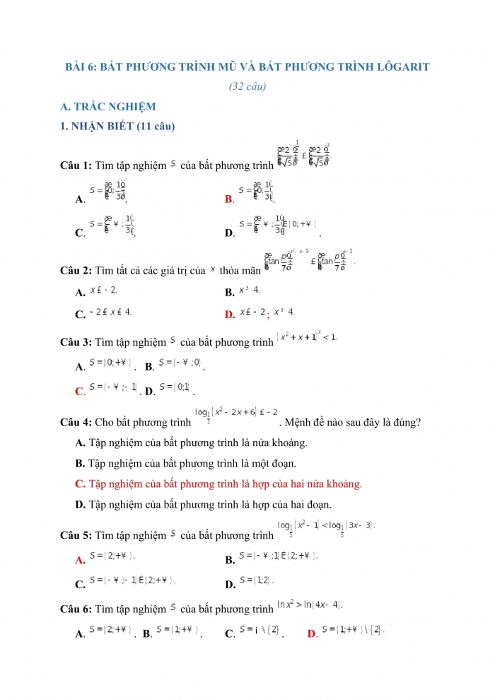 Trắc nghiệm Toán 12 Chương 2 Bài 6: Bất phương trình mũ và bất phương trình logarit