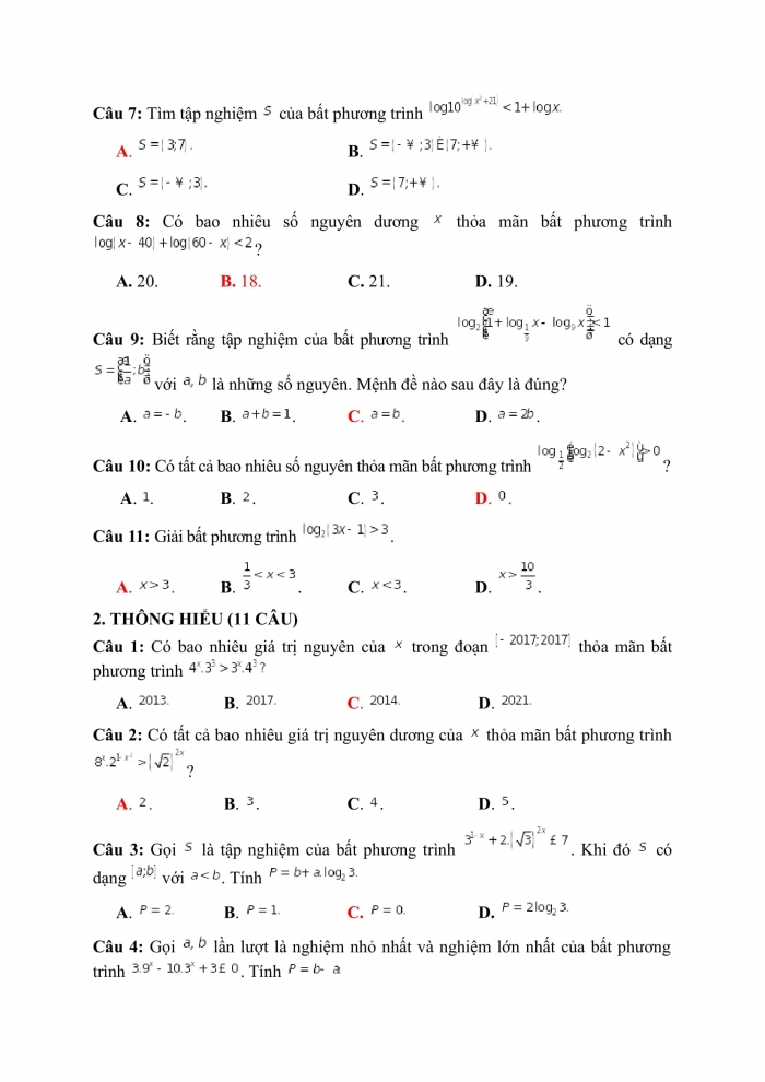 Trắc nghiệm Toán 12 Chương 2 Bài 6: Bất phương trình mũ và bất phương trình logarit