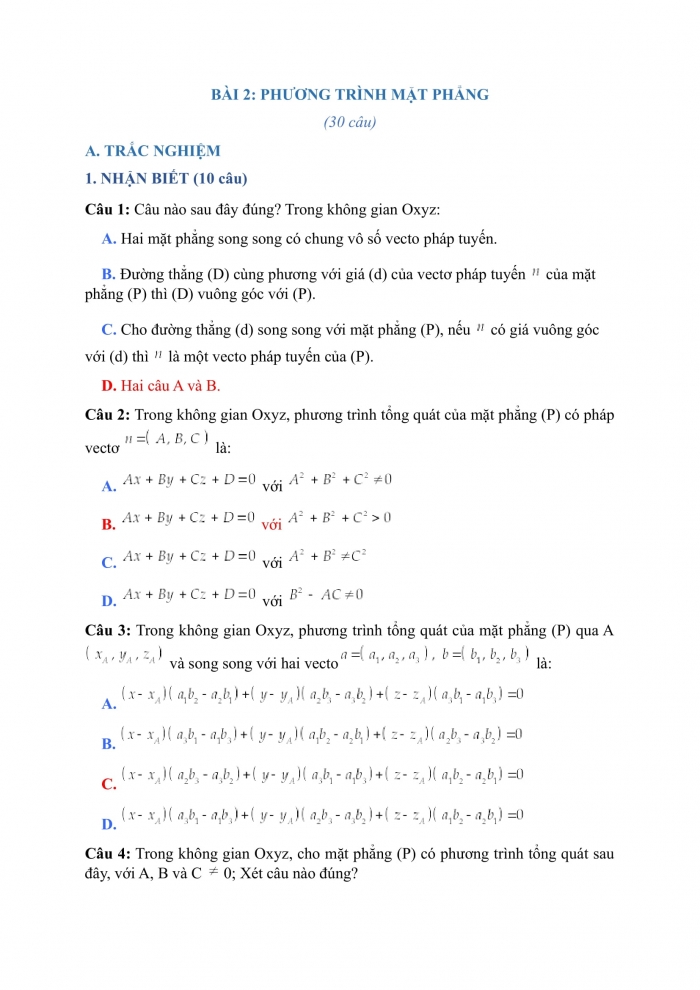 Trắc nghiệm Toán 12 Chương 3 Bài 2: Phương trình mặt phẳng
