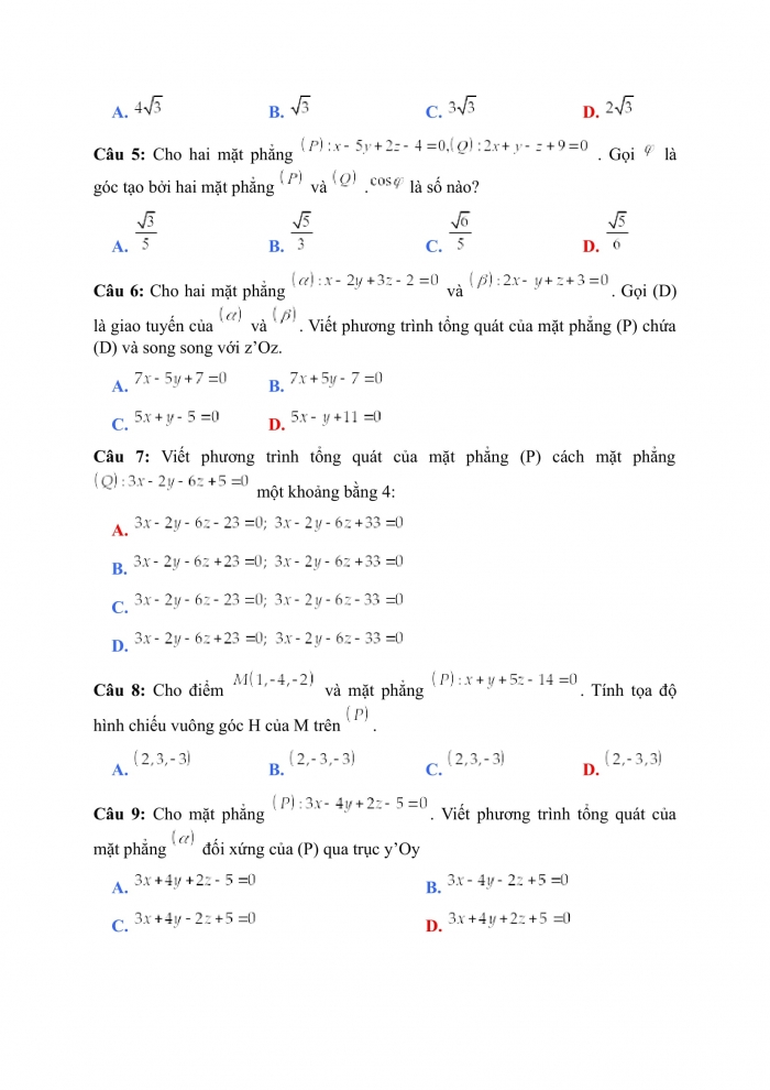 Trắc nghiệm Toán 12 Chương 3 Bài 2: Phương trình mặt phẳng