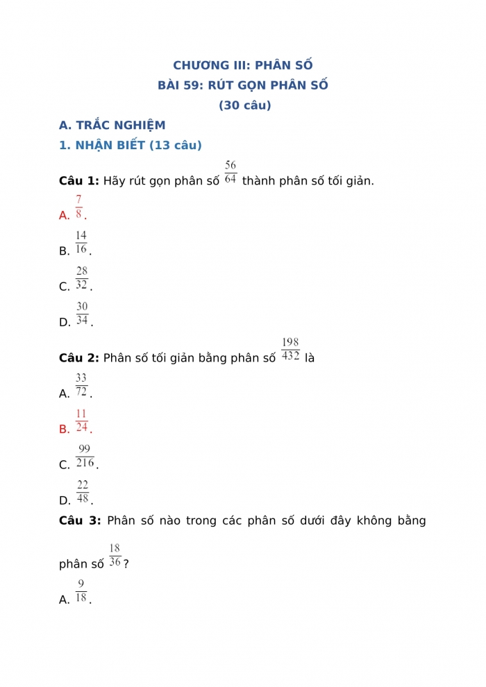 Phiếu trắc nghiệm toán 4 cánh diều bài 59: Rút gọn phân số