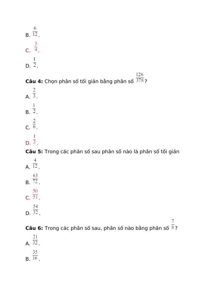 Phiếu trắc nghiệm toán 4 cánh diều bài 59: Rút gọn phân số