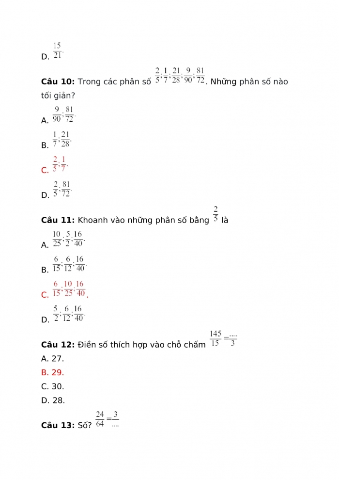 Phiếu trắc nghiệm toán 4 cánh diều bài 59: Rút gọn phân số