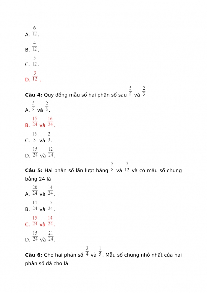 Phiếu trắc nghiệm toán 4 cánh diều bài 60: Quy đồng mẫu số các phân số