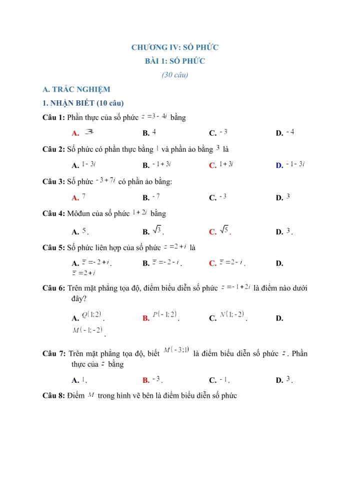 Trắc nghiệm Toán 12 Chương 4 Bài 1: Số phức