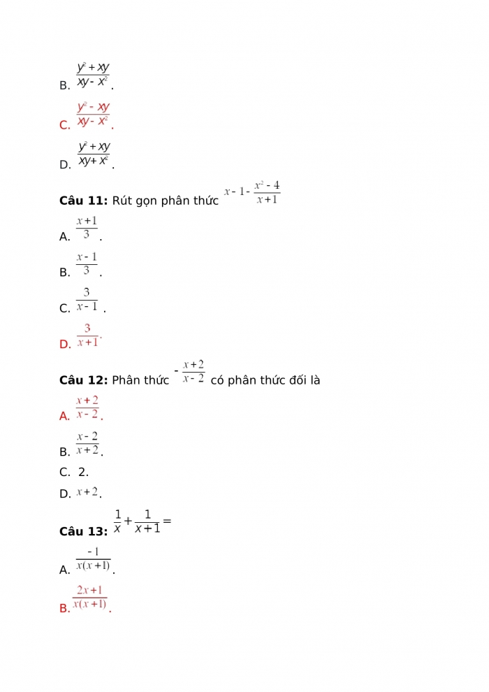 Phiếu trắc nghiệm Toán 8 kết nối bài 23: Phép cộng và phép trừ phân thức đại số