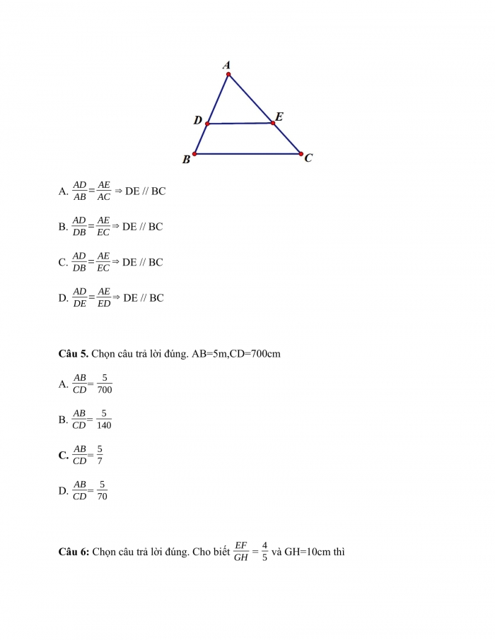 Phiếu trắc nghiệm Toán 8 chân trời Chương 7 Bài 1: Định lí Thales trong tam giác