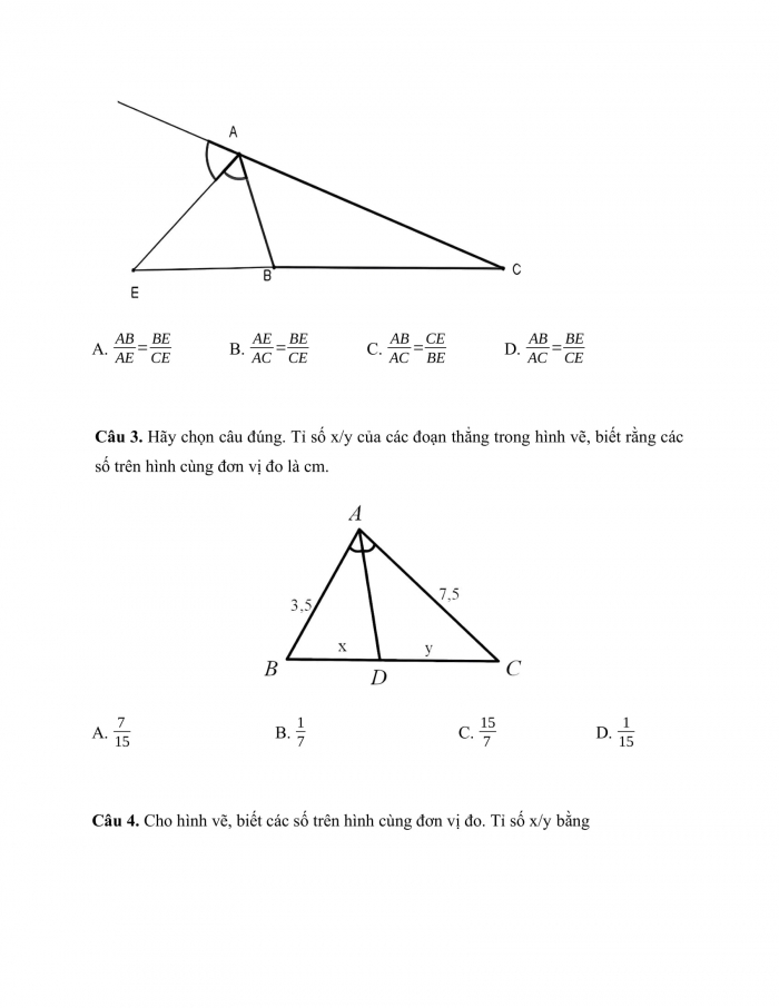 Phiếu trắc nghiệm Toán 8 chân trời Chương 7 Bài 3: Tính chất đường phân giác của tam giác