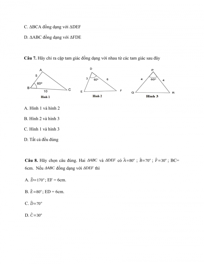 Phiếu trắc nghiệm Toán 8 chân trời Chương 8 Bài 2: Các trường hợp đồng dạng của hai tam giác