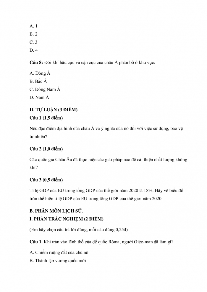 Đề thi giữa kì 1 lịch sử và địa lí 7 chân trời sáng tạo (Đề số 1)