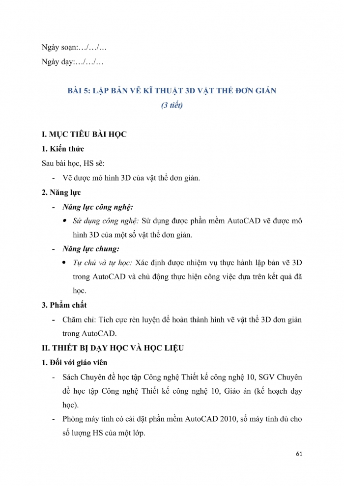 Giáo án chuyên đề công nghệ 10 thiết kế cánh diều bài 5: Lập bản vẽ kĩ thuật 3D vật thể đơn giản