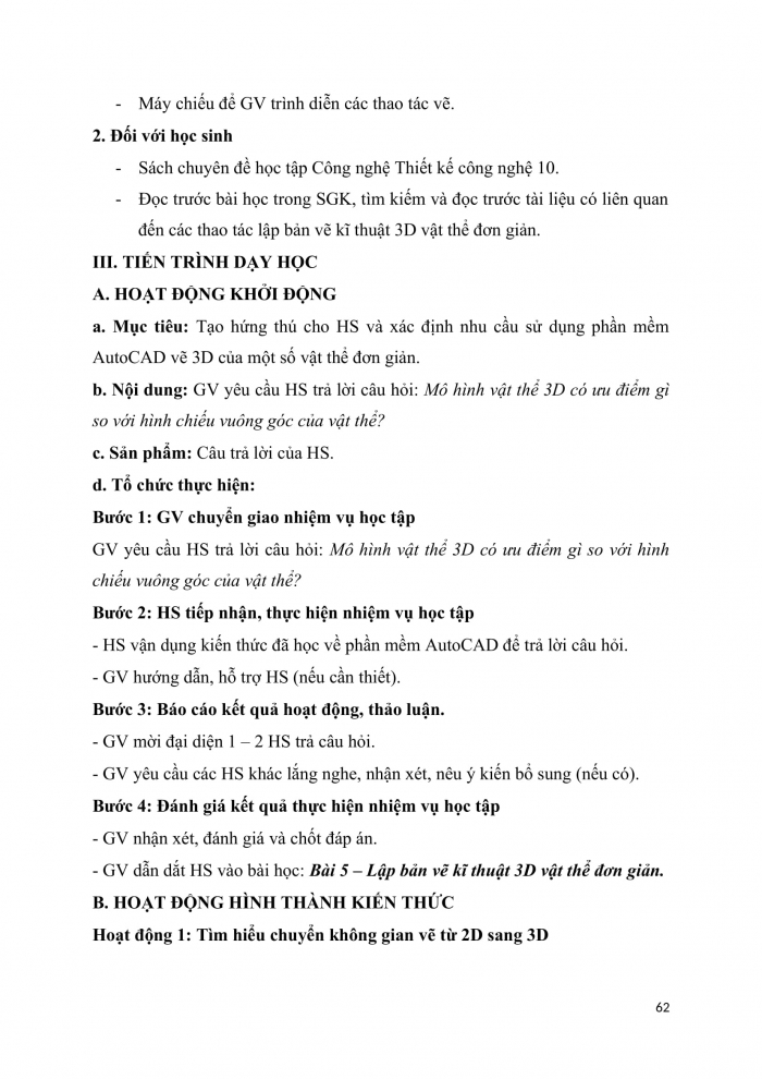 Giáo án chuyên đề công nghệ 10 thiết kế cánh diều bài 5: Lập bản vẽ kĩ thuật 3D vật thể đơn giản