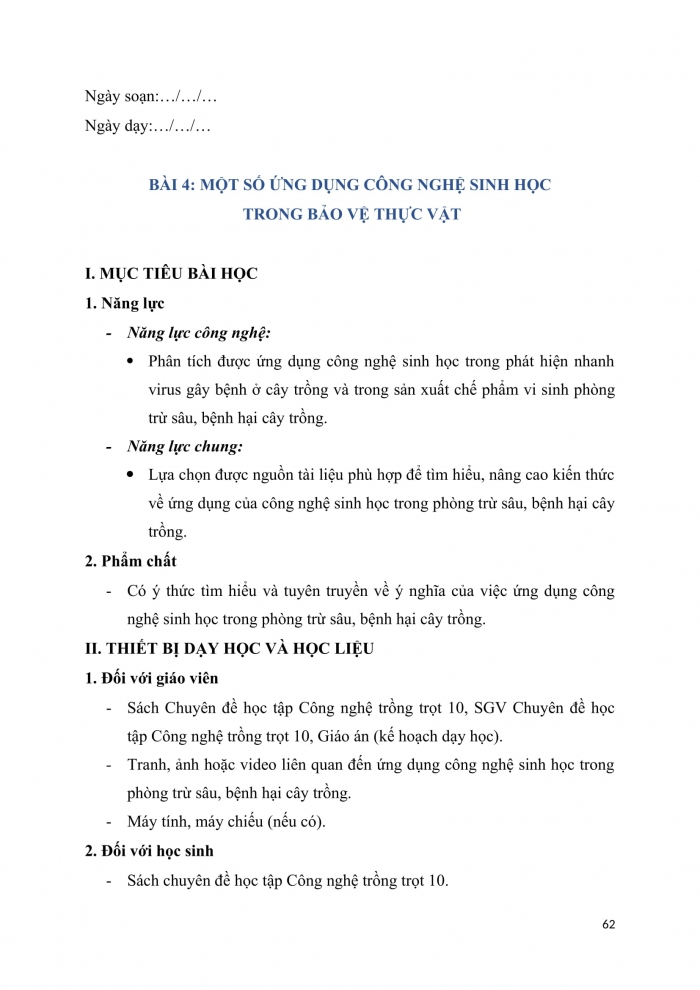 Giáo án chuyên đề công nghệ 10 trồng trọt kết nối bài 4: Một số ứng dụng công nghệ sinh học trong bảo vệ thực vật