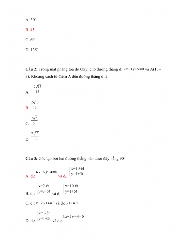 Trắc nghiệm toán 10 cánh diều Chương 7 Bài 4: vị trí tương đối và góc giữa hai đường thẳng. Khoảng cách từ một điểm đến một đường thẳng