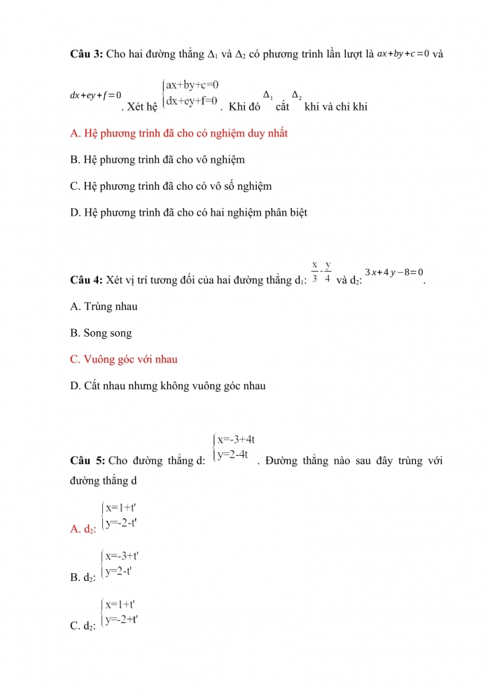 Trắc nghiệm toán 10 cánh diều Chương 7 Bài 4: vị trí tương đối và góc giữa hai đường thẳng. Khoảng cách từ một điểm đến một đường thẳng