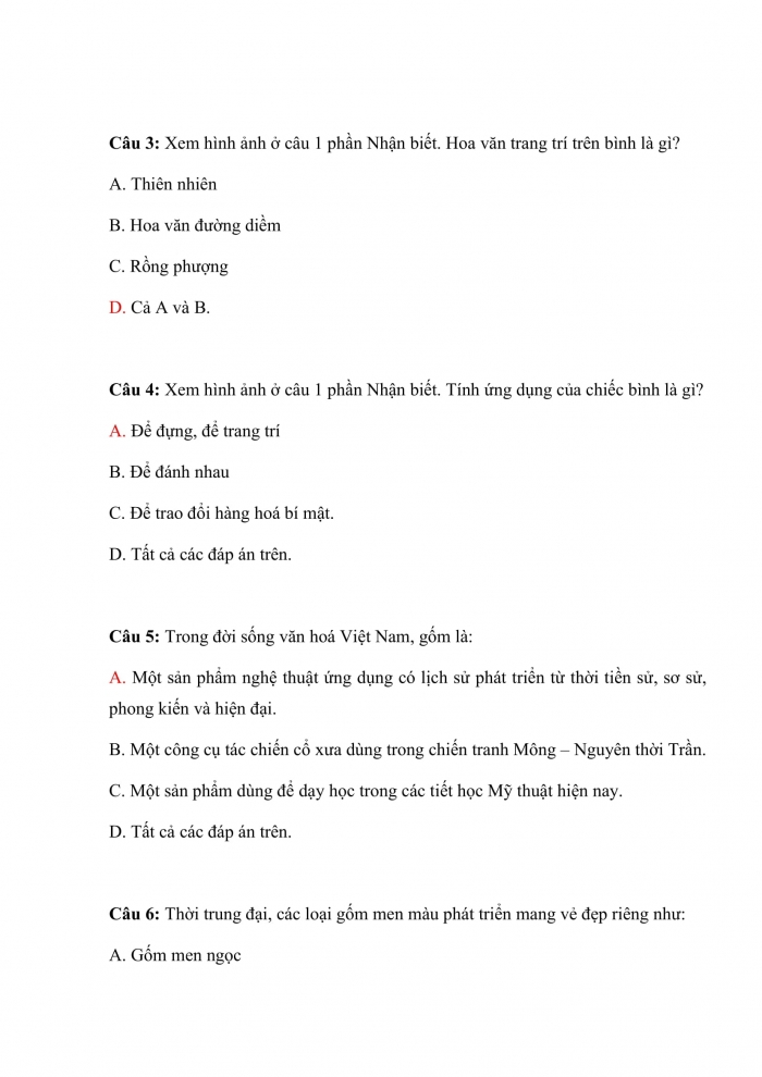 Trắc nghiệm mĩ thuật 7 chân trời sáng tạo (bản 2) bài 2: tạo hình bình hoa