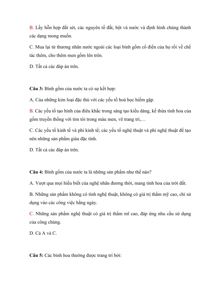 Trắc nghiệm mĩ thuật 7 chân trời sáng tạo (bản 2) bài 2: tạo hình bình hoa