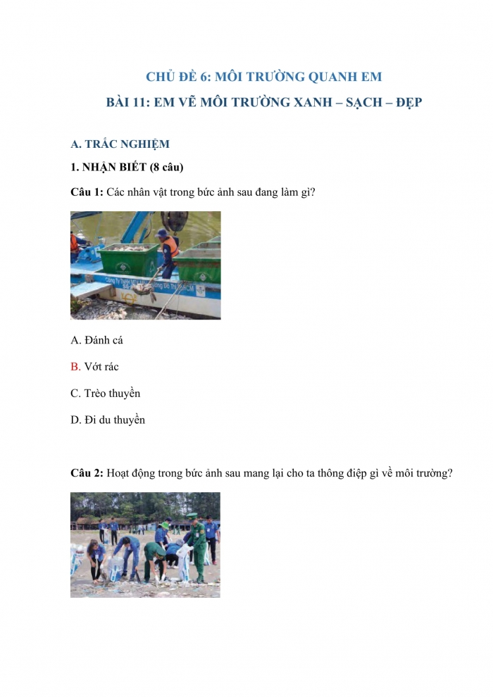 Trắc nghiệm mĩ thuật 7 chân trời sáng tạo (bản 2) bài 11: em vẽ môi trường xanh – sạch – đẹp