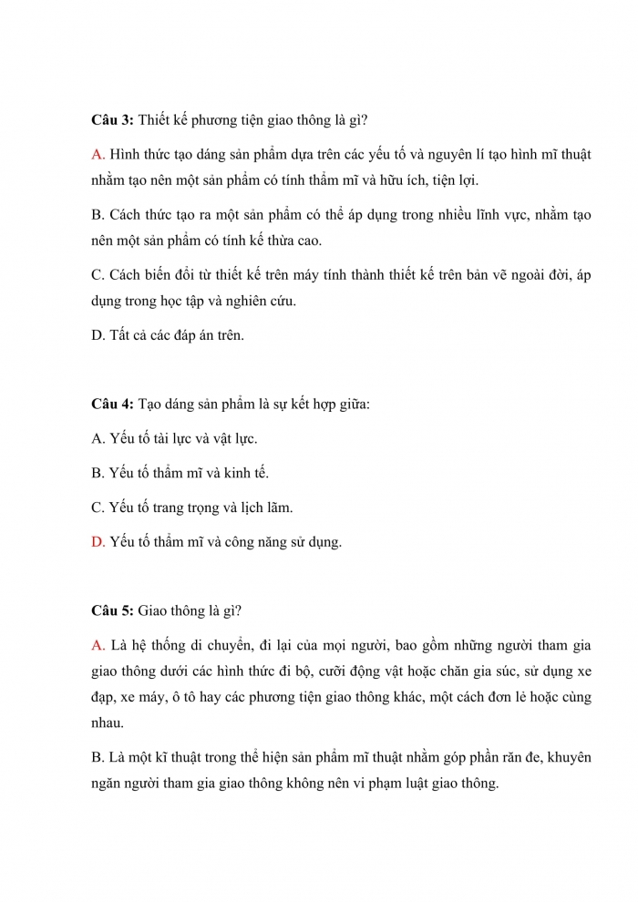 Trắc nghiệm mĩ thuật 7 chân trời sáng tạo (bản 2) bài 16: thiết kế tạo dáng phương tiện giao thông