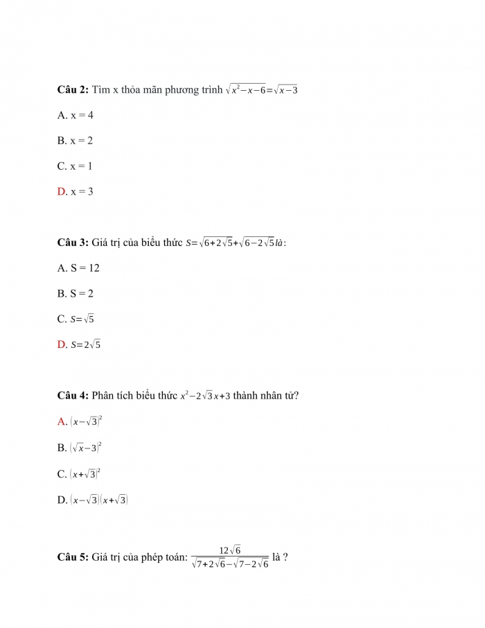 Trắc nghiệm Toán 9 Chương 1 Bài 2: Căn thức bậc hai và hằng đẳng thức √(A^2 )=|A|