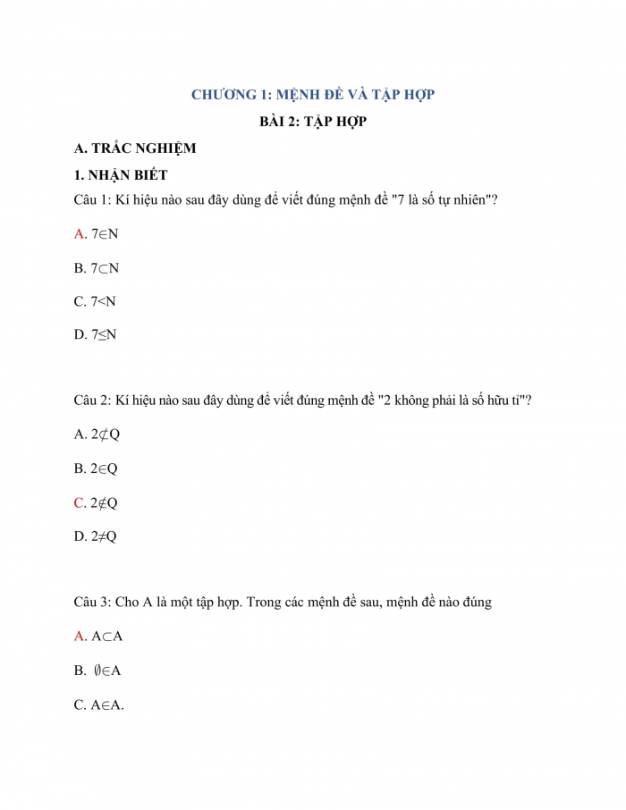 Trắc nghiệm toán 10 chân trời sáng tạo Chương 1 Bài 2: Tập hợp