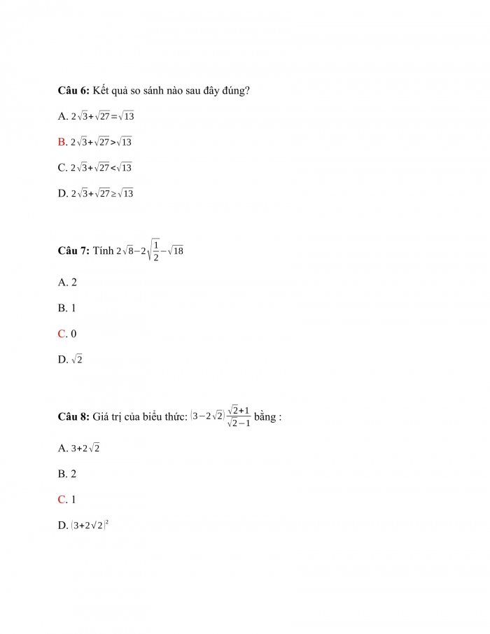 Trắc nghiệm Toán 9 Chương 1 Bài 6: Biến đổi đơn giản biểu thức chứa căn thức bậc hai
