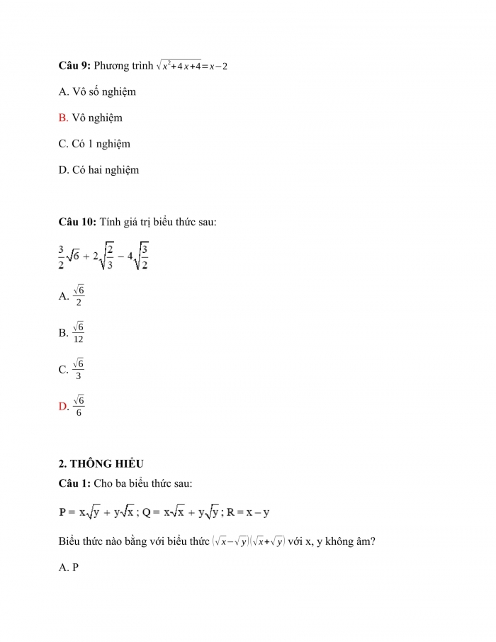 Trắc nghiệm Toán 9 Chương 1 Bài 6: Biến đổi đơn giản biểu thức chứa căn thức bậc hai
