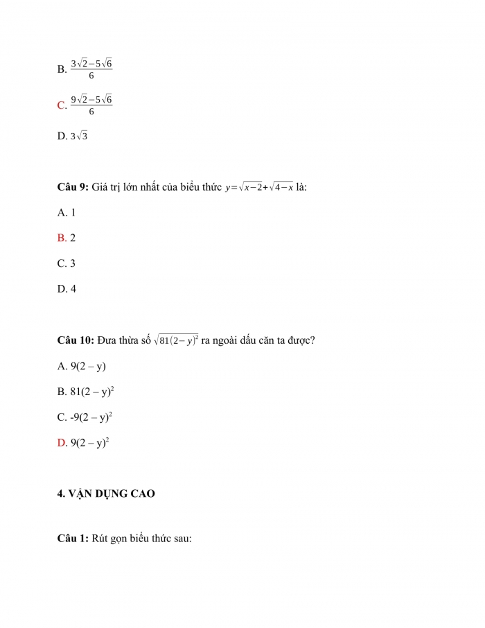 Trắc nghiệm Toán 9 Chương 1 Bài 6: Biến đổi đơn giản biểu thức chứa căn thức bậc hai