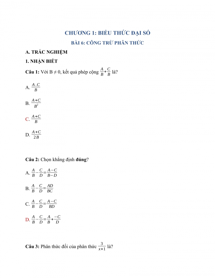Phiếu trắc nghiệm Toán 8 chân trời Chương 1 - Bài 6: Cộng, trừ phân thức