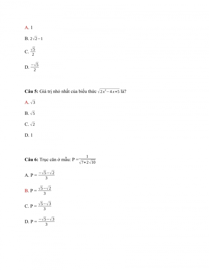 Trắc nghiệm Toán 9 Chương 1 Bài 7: Biến đổi đơn giản biểu thức chứa căn bậc hai