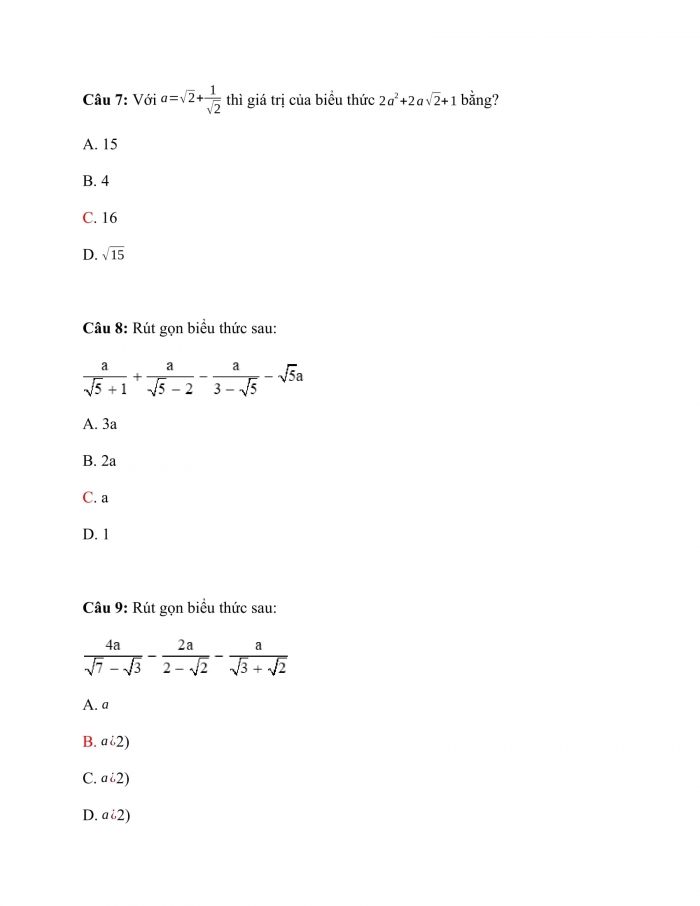 Trắc nghiệm Toán 9 Chương 1 Bài 7: Biến đổi đơn giản biểu thức chứa căn bậc hai
